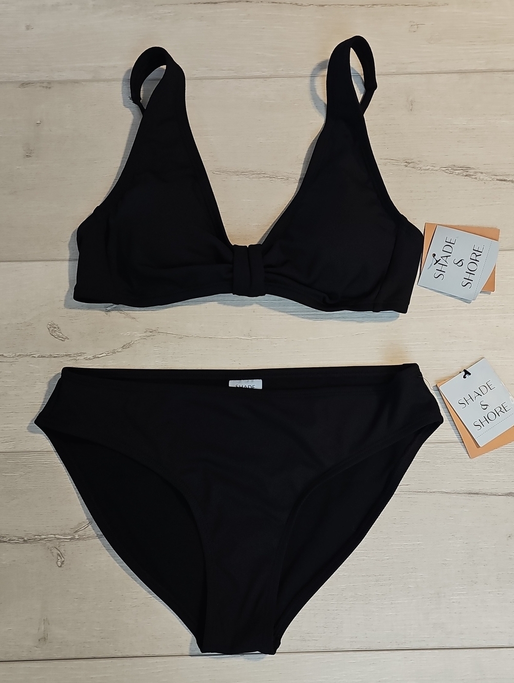 Shade & Shore S Black Ribbed Two-Piece Bikini Set with Tab Front Bralette Top